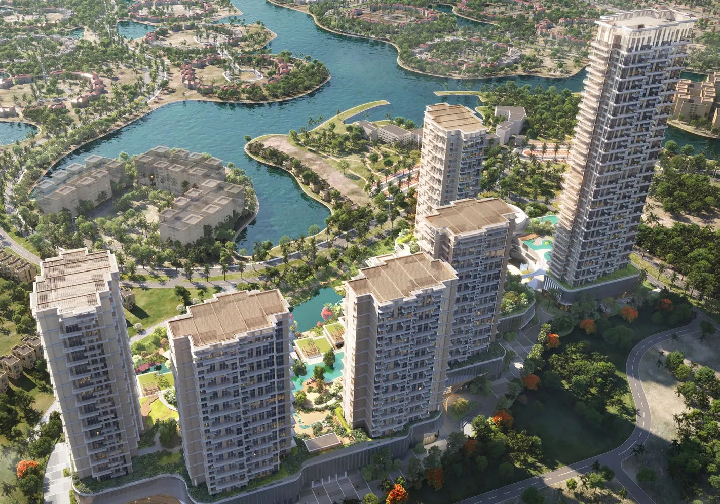 Aerial view of the towers beside the Jumeirah Islands lakes and greenery