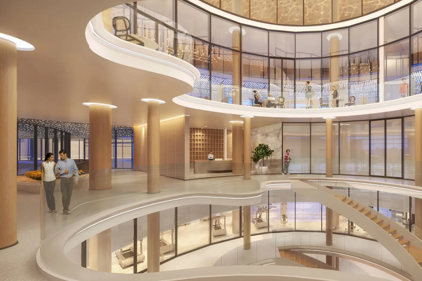 Curved clubhouse galleries with timber columns and a gym below